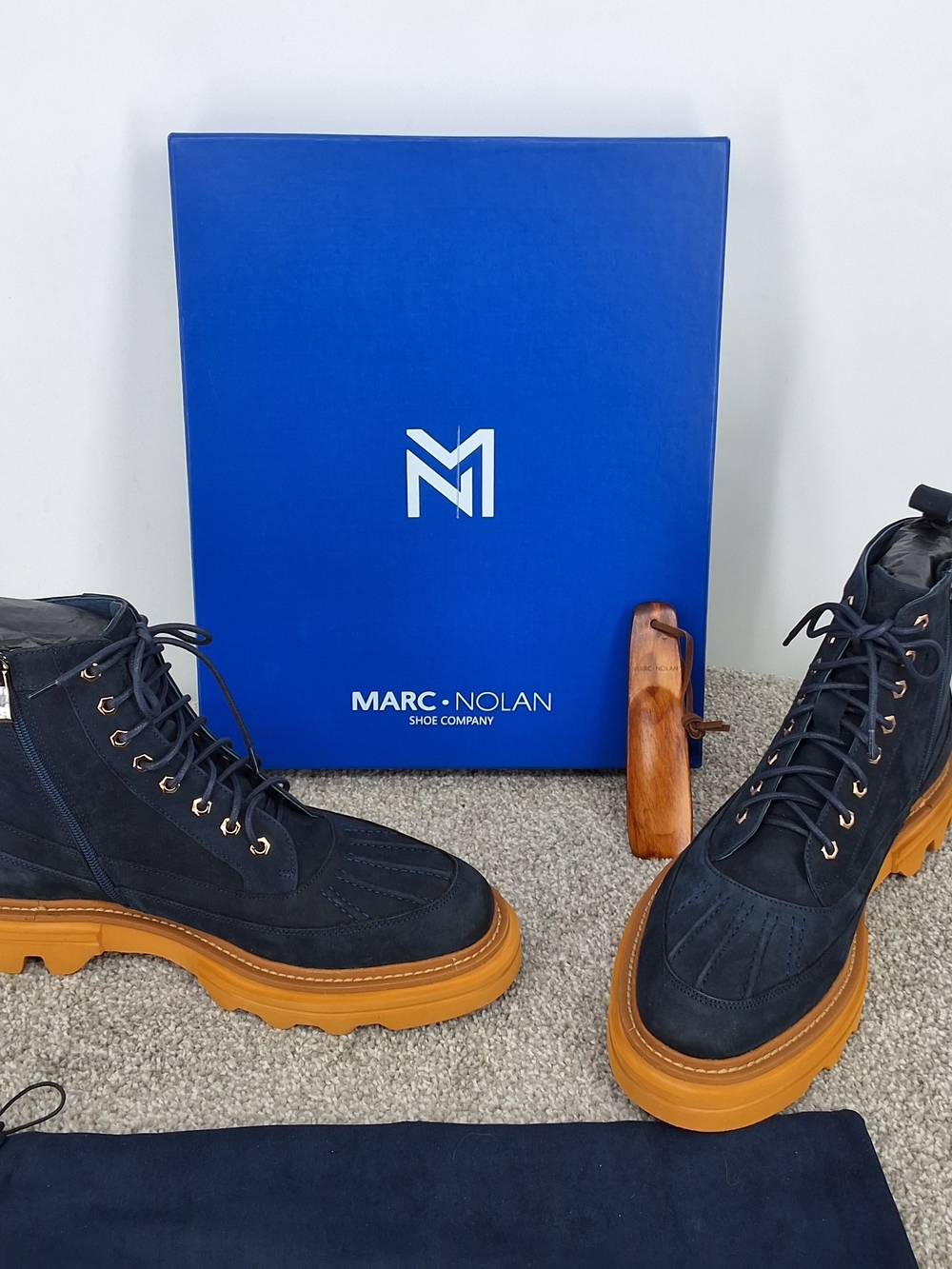 Marc Nolan Men's Navy Suede Lace-Up Boots with Tan Lug Sole